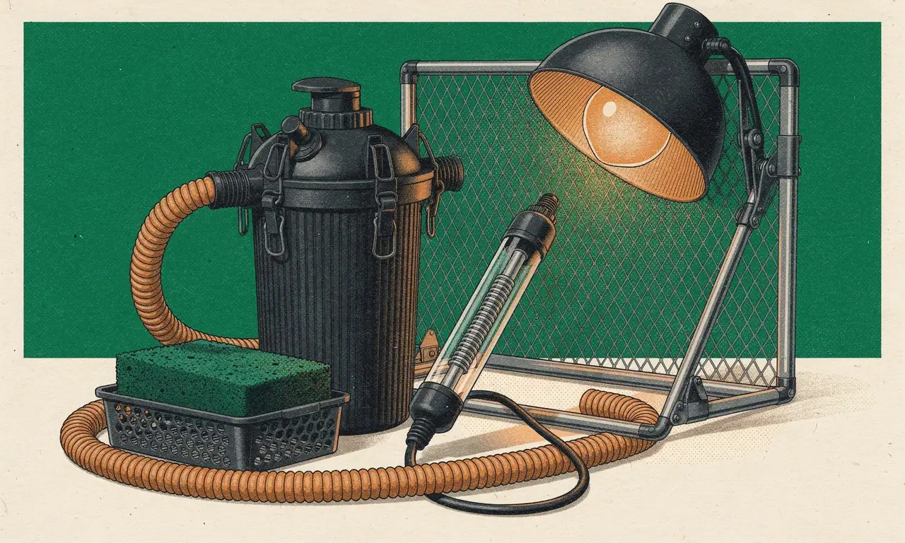 Risoprint van een aquariumfilter met slang, een glazen verwarmer, een klemlamp en een groene filterspons in een bakje.
