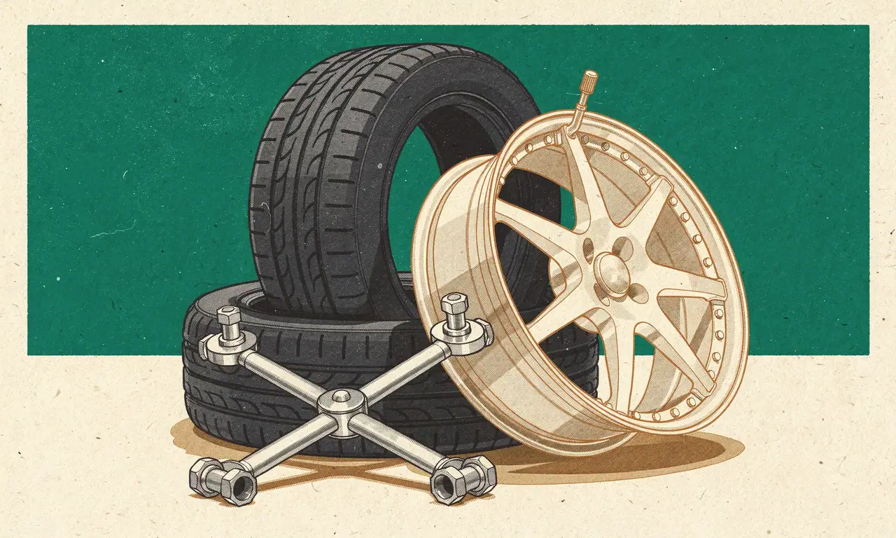 Risoprint van twee autobanden, een lichtmetalen velg en een kruissleutel voor wielmoeren.
