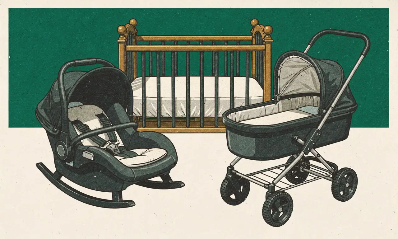 Risoprint van een autostoeltje op schommelvoet, een houten ledikant met matras en een kinderwagen met reiswieg.