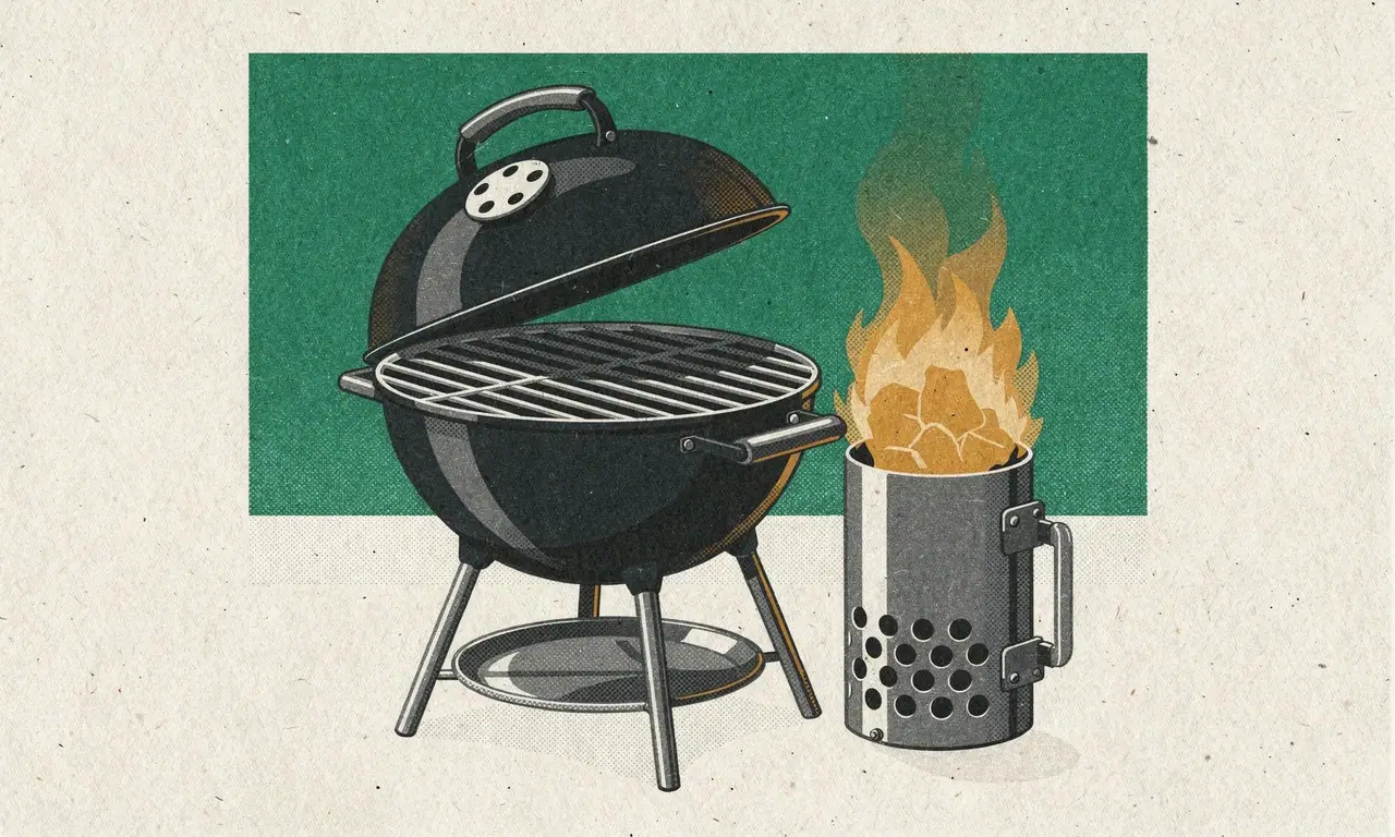 Risoprint van een kogelbarbecue met geopend deksel en rooster, naast een brandende starterschoorsteen met houtskool.
