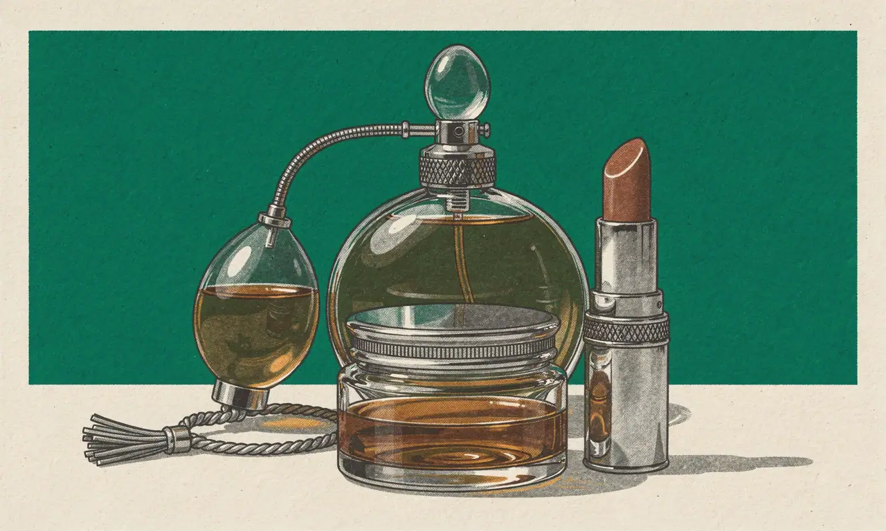 Risoprint van een parfumflacon met verstuiverbal en kwastje, een open zalfpotje en een geopende lippenstift.