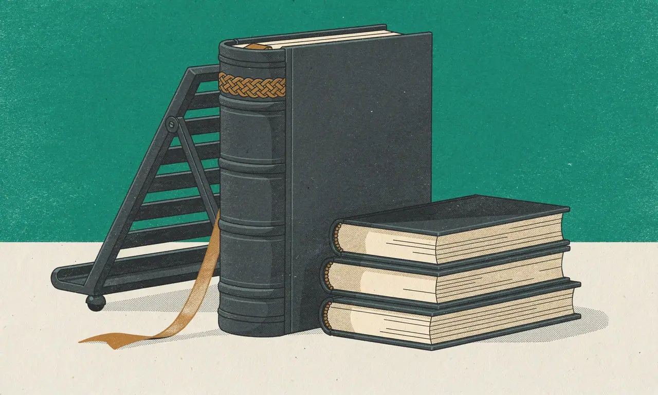 Risoprint van een staande hardcover met ribbige rug en amberkleurig leeslint, een stapel dichte boeken en een leesstandaard.