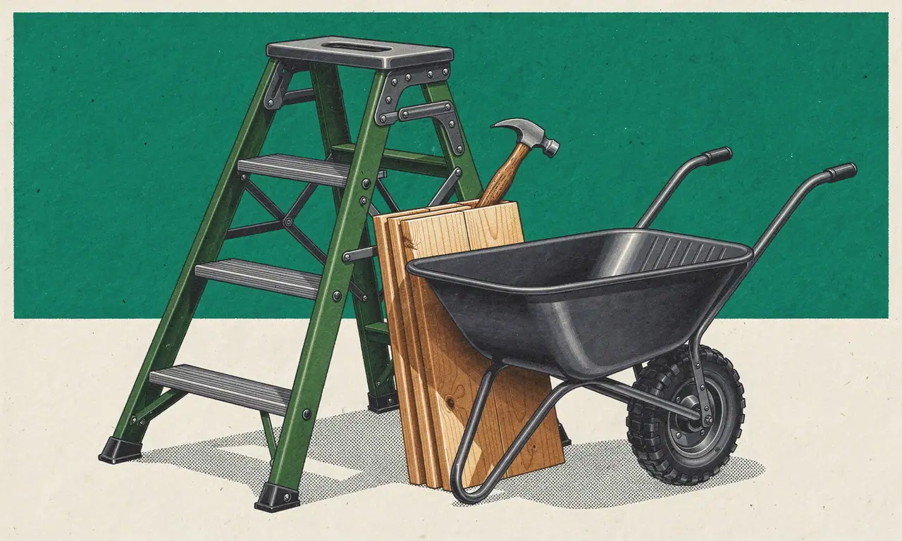 Risoprint van een trapladder, kruiwagen, houten planken en klauwhamer op groen vlak