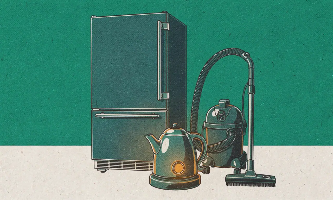 Risoprint van een koelkast met vriesvak onderin, een waterkoker met amber venster en een sledestofzuiger.