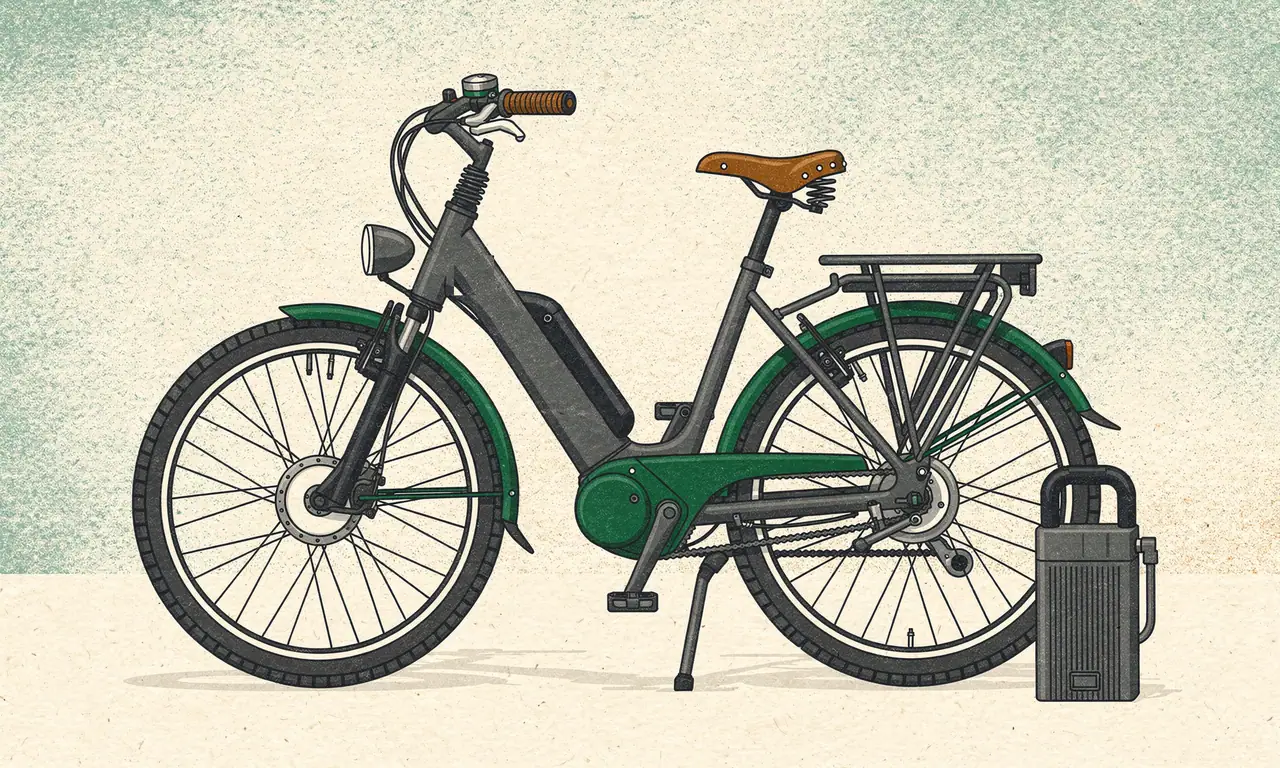 Risoprint van een elektrische stadsfiets met framebatterij, geveerd zadel en een losse accu ernaast