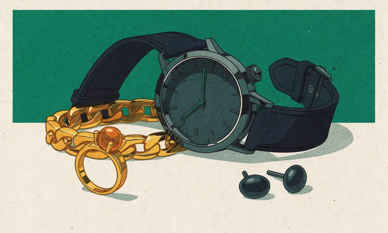 Risoprint van een horloge met leren band, gouden schakelarmband, ring met amber steen en twee oorknopjes