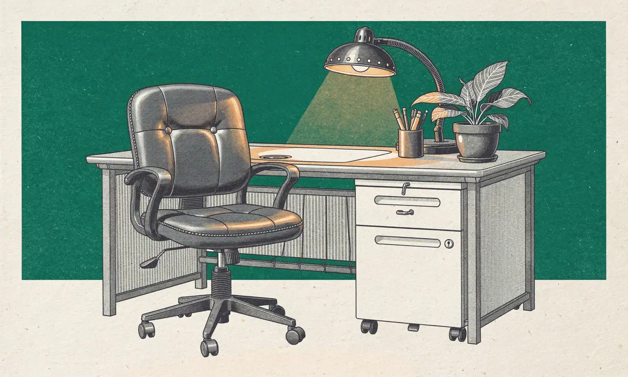 Risoprint van een bureaustoel, bureau met ladeblok, bureaulamp, pennenbak en plant op groen vlak