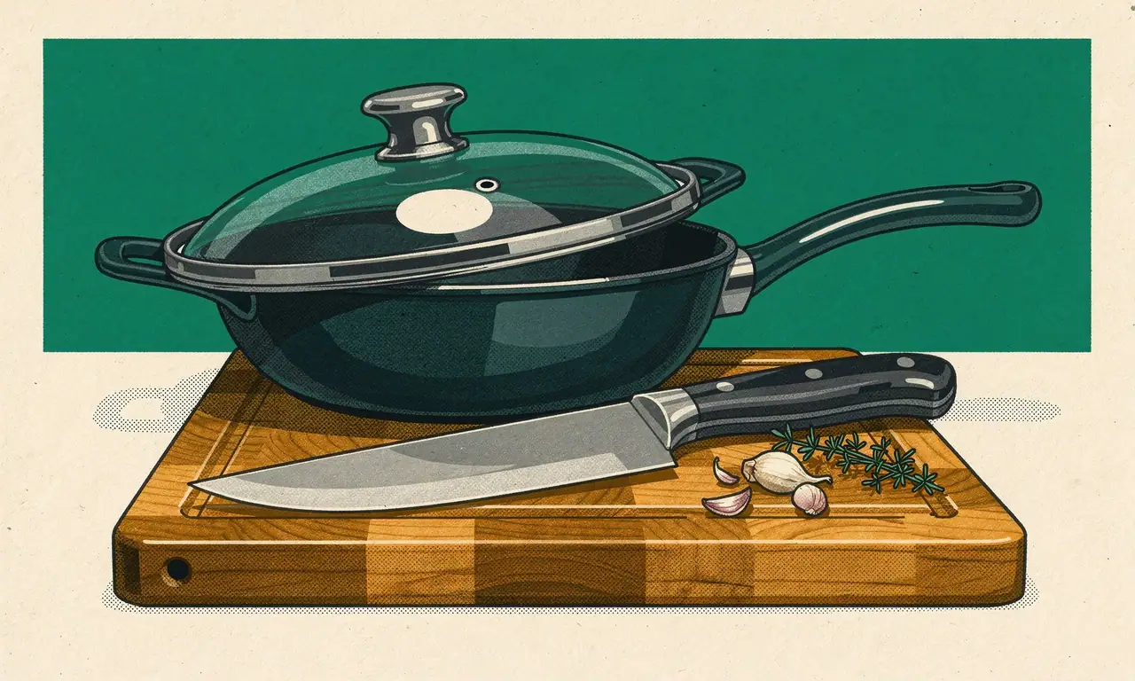 Risoprint van een hapjespan met glazen deksel, koksmes, knoflook en tijm op een houten snijplank