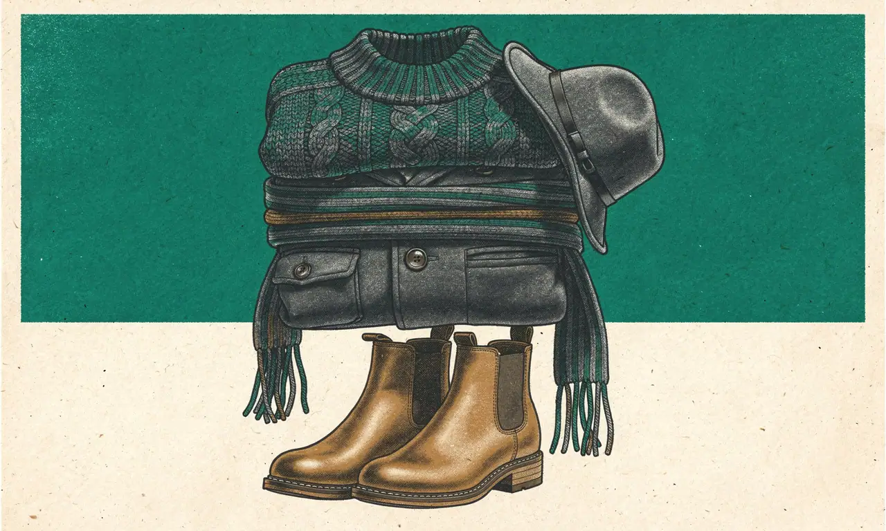 Risoprint van een kabeltrui, wollen jas, sjaal, vilten hoed en bruine chelsea boots.