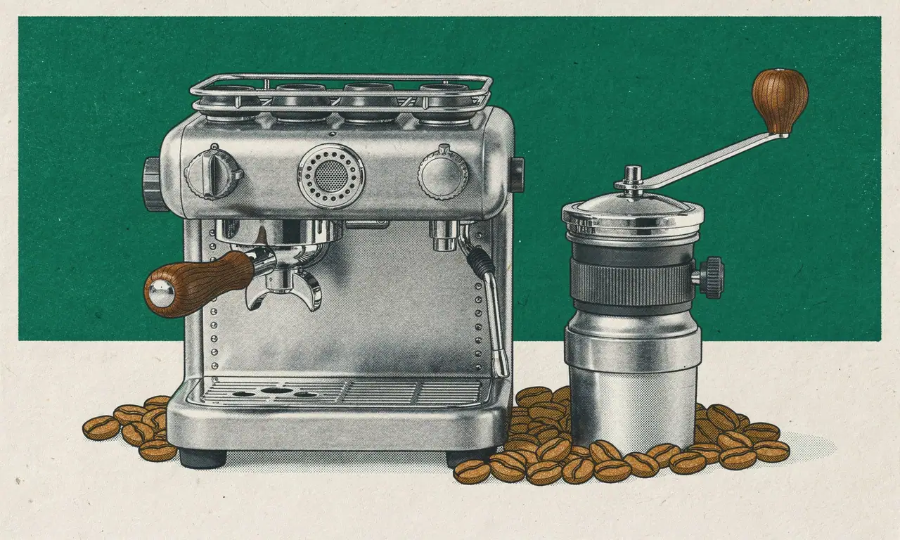 Risoprint van een espressomachine met portafilter, handkoffiemolen en gebrande koffiebonen.