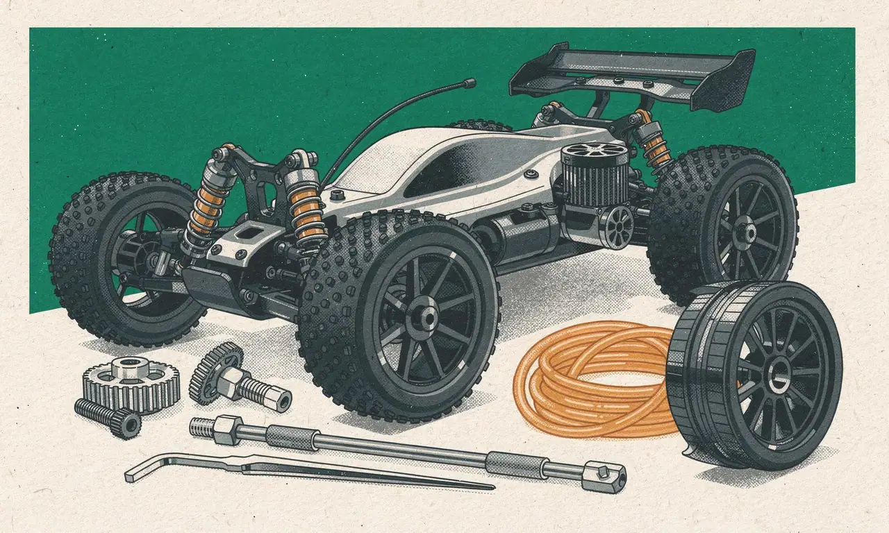 Risoprint van een rc-buggy met schokdempers, losse tandwielen, brandstofslang, gereedschap en een reservewiel