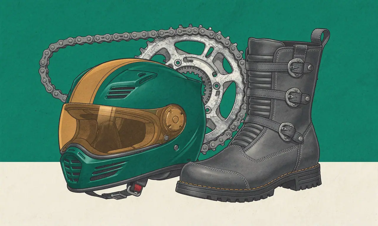 Risoprint van een groene integraalhelm met amber vizier, motorlaars met gespen en ketting met tandwiel