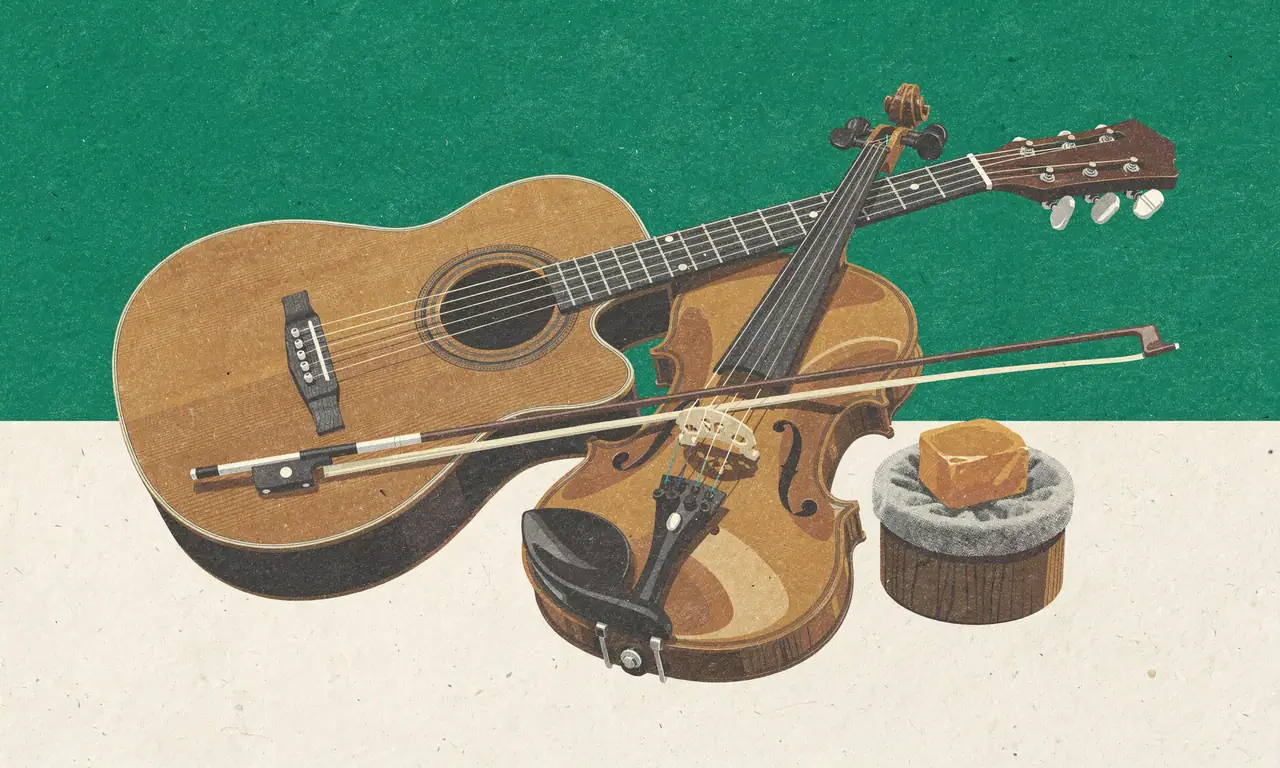 Risoprint van een akoestische gitaar, viool met strijkstok en een blok hars op groen vlak
