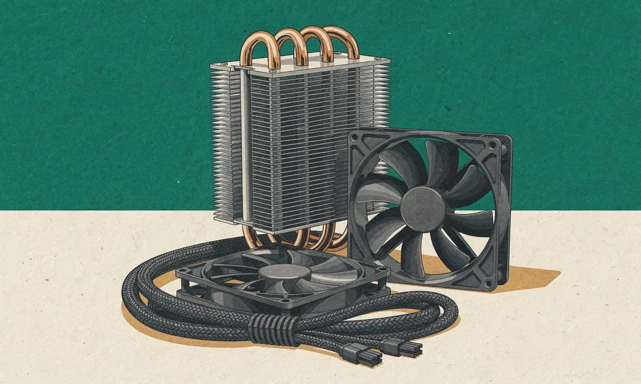 Risoprint van een cpu-koeler met koperen heatpipes, twee ventilatoren en gevlochten kabels met stekkers.