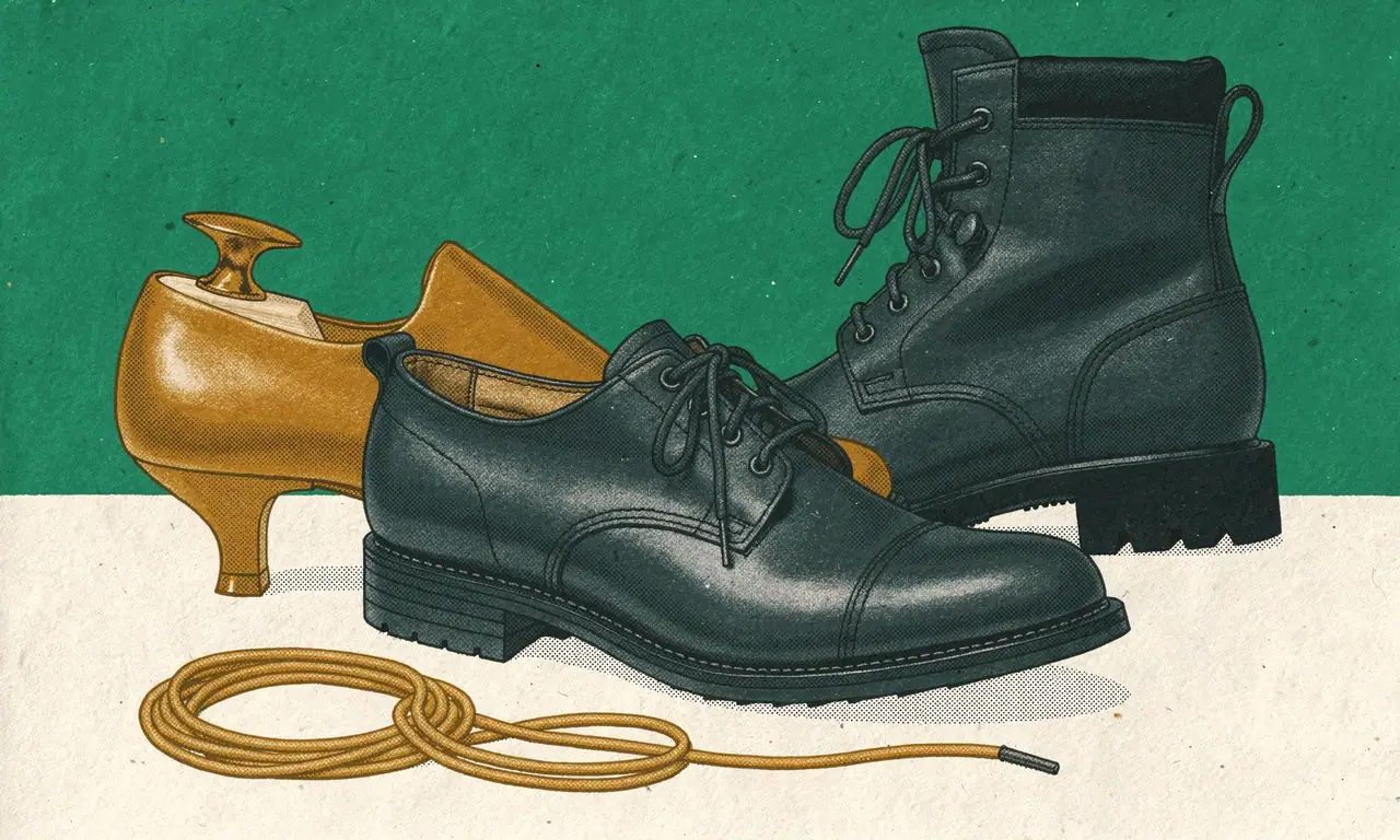 Risoprint van een zwarte veterschoen, een wandelschoen, een houten leest en een opgerolde veter.