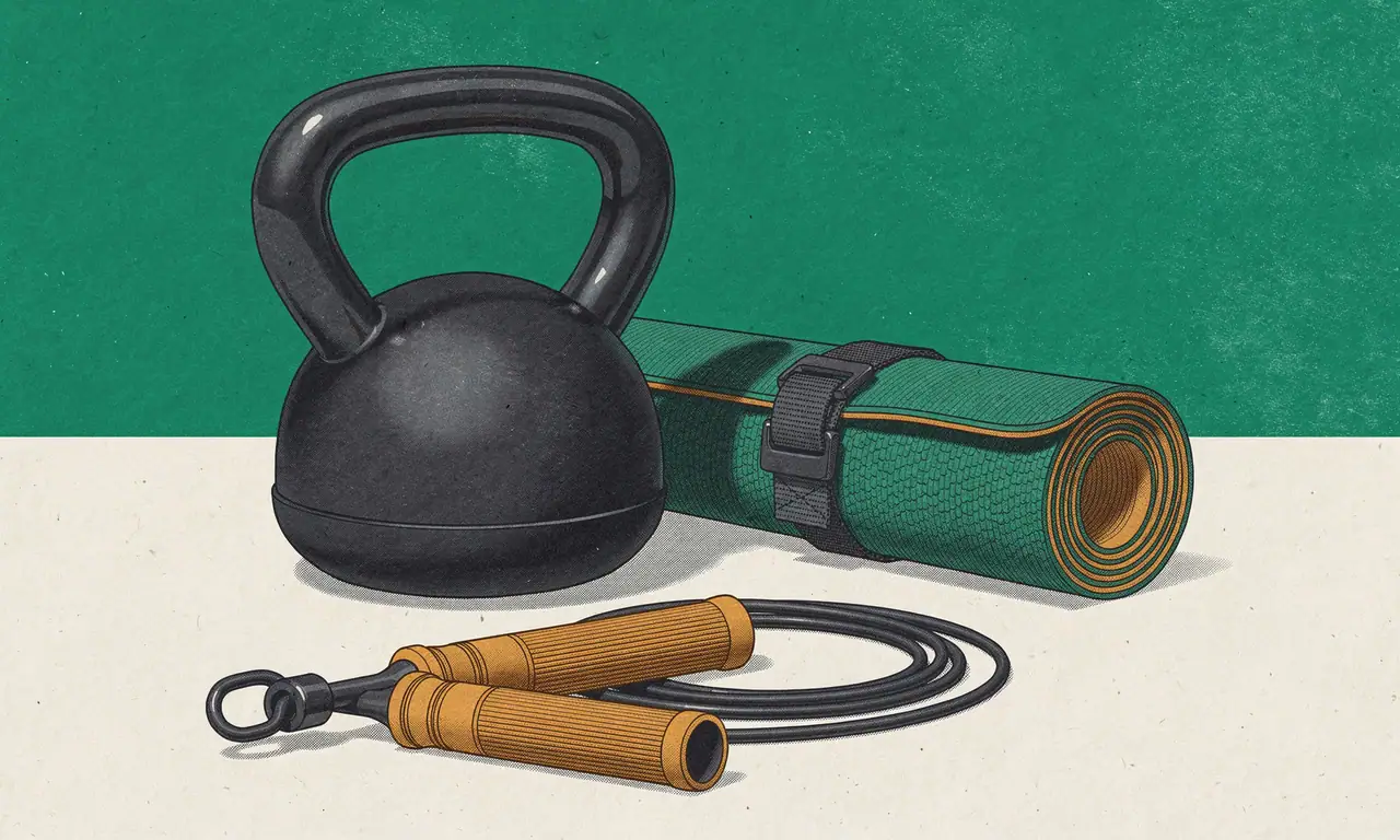Risoprint van een kettlebell, opgerolde groene yogamat met riem en springtouw met amber handvatten