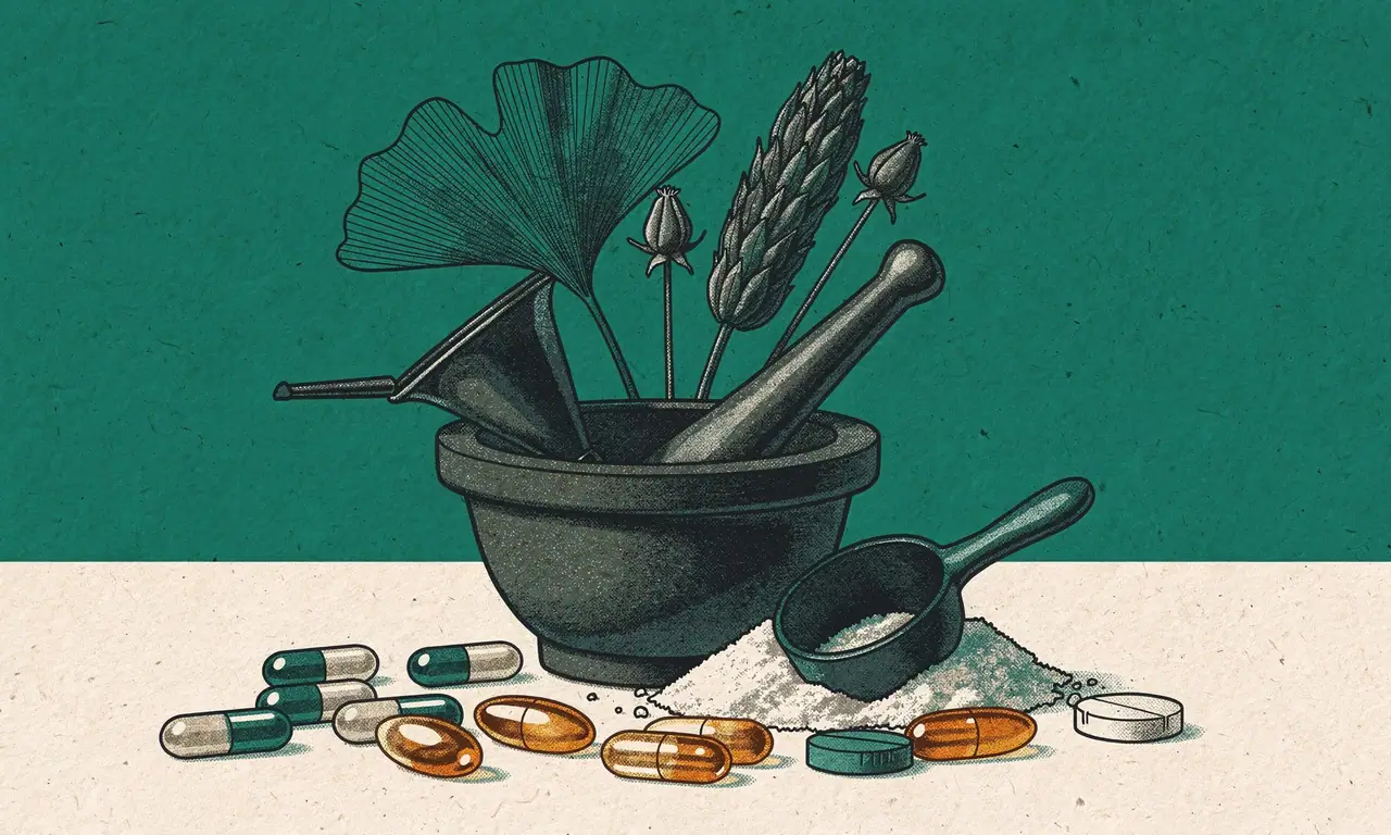 Risoprint van een vijzel met stamper, ginkgoblad en kruiden, met capsules, tabletten en een maatschepje poeder.