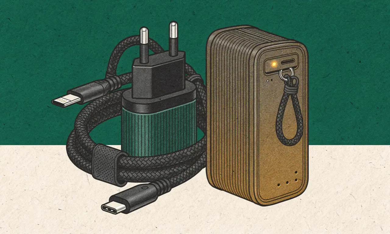 Risoprint van een oplader met eurostekker, gevlochten usb-kabel en goudkleurige powerbank