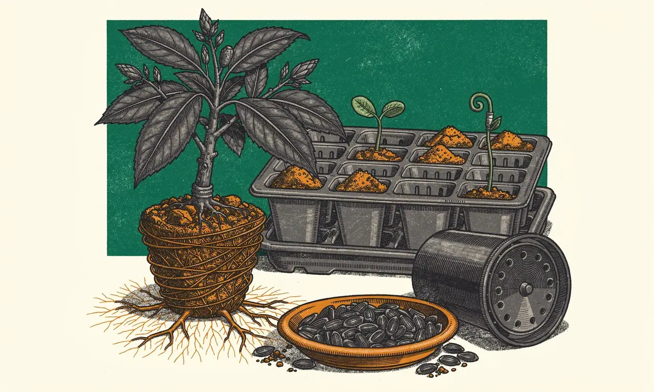 Risoprint van een struik met wortelkluit, zaaitrays met kiemplanten, een plantpot en een schaal zaden