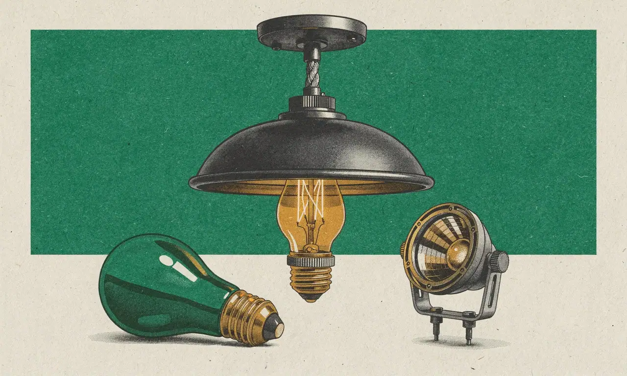 Risoprint van een plafondlamp met kap, een gloeilamp met filament, een groene lamp en een spotje.