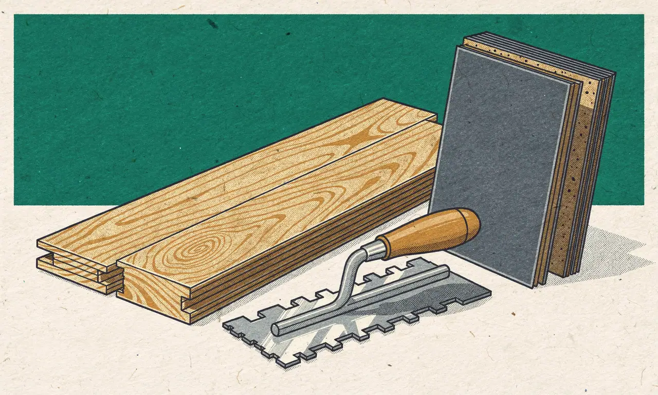 Risoprint van laminaatplanken met messing en groef, een stapel grijze tegels en een lijmkam.