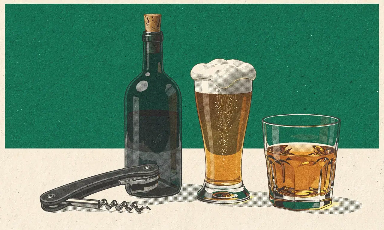 Risoprint van een wijnfles met kurk, een glas bier met schuim, een tumbler whisky en een kurkentrekker.