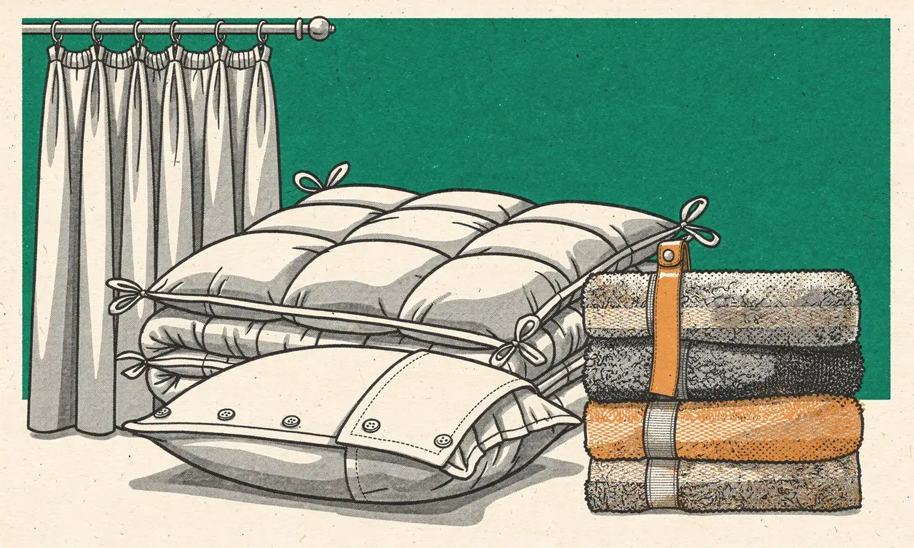 Risoprint van een gordijn, opgevouwen dekbed, kussen met knopen en een stapel handdoeken met leren band.