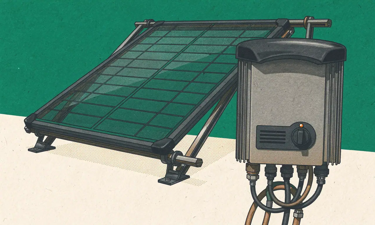 Risoprint van een zonnepaneel op montagerails met een omvormer en aangesloten kabels.