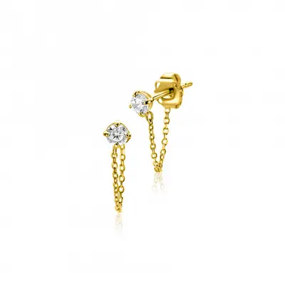 12mm ZINZI Gold 14 krt gouden oorstekers met ketting en ronde witte zirkonia ZGO552 bij ZINZI