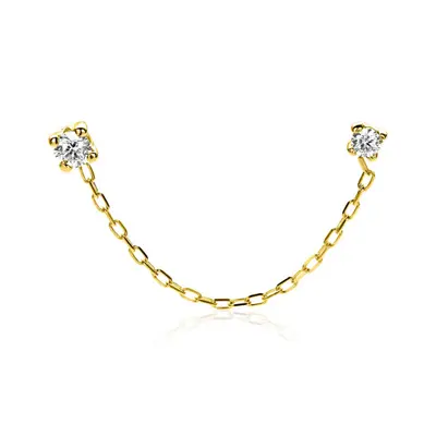 35mm ZINZI Gold 14 krt gouden dubbele oorstekers met verbonden ketting en witte zirkonia. Maar voor één oor. ZGO547 bij ZINZI
