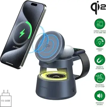 4smarts Aura Sound 3-in-1 Qi2 Draadloze Oplader Smartphone/AirPods/Watch Grijs bij GSMpunt
