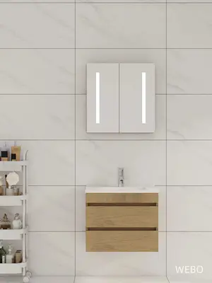 60cm Badmeubel WEBO Paris Compleet Geleverd Eiken inclusief spiegelkast met verlichting en kraan en afvoer bij DoucheKampioen