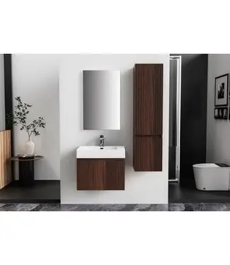 Badkamermeubel Ela Walnoot 60cm Ribbelfront - Wastafel Mat Wit met kraangat bij Sani4Comfort