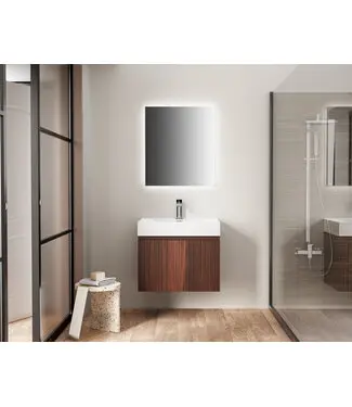 Badkamermeubel Ela Walnoot 60cm Ribbelfront - Wastafel Wit met kraangat bij Sani4Comfort
