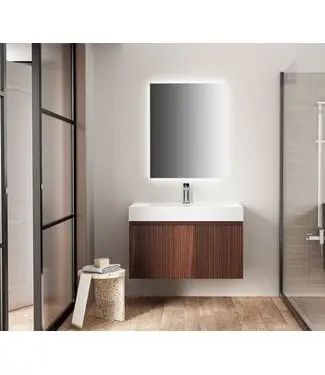 Badkamermeubel Ela Walnoot 80cm Ribbelfront - Wastafel Wit met kraangat bij Sani4Comfort