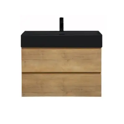 Badkamermeubel Summer 80cm eiken inclusief wastafel robuust mat zwart met kraangat bij Voordelig Design Sanitair