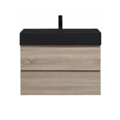 Badkamermeubel Summer 80cm licht eiken inclusief wastafel robuust mat zwart met kraangat bij Voordelig Design Sanitair