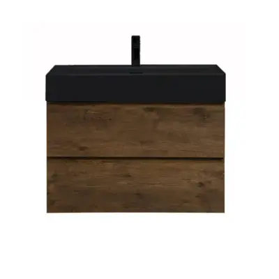 Badkamermeubel Summer 80cm walnoot inclusief wastafel robuust mat zwart met kraangat bij Voordelig Design Sanitair