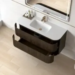 BadkamermeubelsetsLavantri Eleonora rond badmeubel met ribbelfront 120cm walnoot met 2 lades en solid surface wastafel met kraangat bij Douchezaak.nl