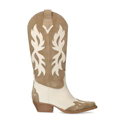 Beige suède cowboylaarzen met sierstiksels bij Sacha