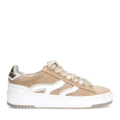 Beige suède sneakers met witte details bij Sacha