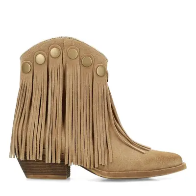 Beige suède western enkellaarsjes met franjes bij Sacha