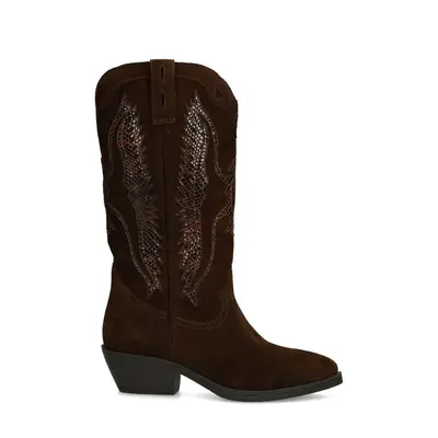 Bruine suède cowboylaarzen met snake details bij Sacha
