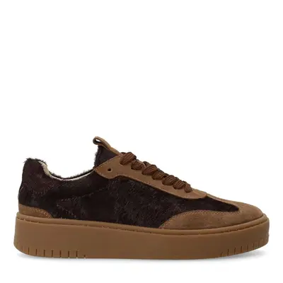 Bruine suède sneakers met burgundy pony hair bij Sacha