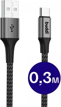 Buddi Flex USB-A naar USB-C Kabel 12W Fast Charge 30cm Zwart bij GSMpunt