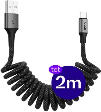 Buddi Flex USB-A naar USB-C Krulsnoer Kabel 12W Fast Charge 2M Zwart bij GSMpunt