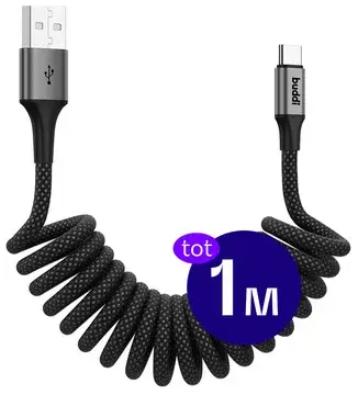 Buddi Flex USB-A naar USB-C Krulsnoer Kabel 12W Fast Charge 1M Zwart bij GSMpunt
