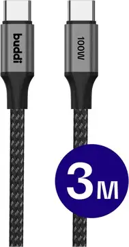 Buddi Flex USB-C naar USB-C Kabel 100W Super Fast Charge 3M Zwart bij GSMpunt