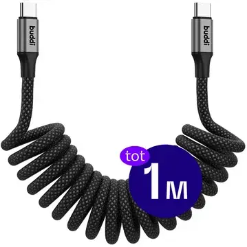 Buddi Flex USB-C naar USB-C Krulsnoer Kabel 60W Fast Charge 1M Zwart bij GSMpunt