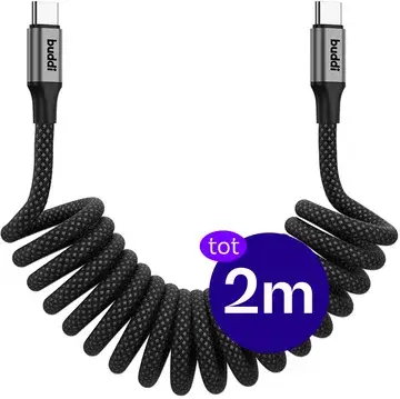 Buddi Flex USB-C naar USB-C Krulsnoer Kabel 60W Fast Charge 2M Zwart bij GSMpunt